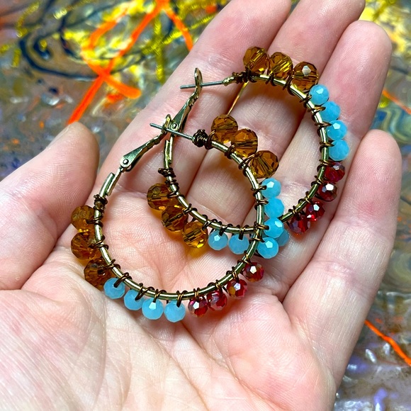 Vintage Jewelry - VTG Boho Multicolored Crystal Beaded Hoop Pierced Costume Jewelry Earrings